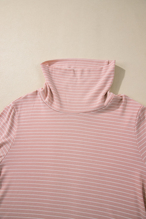 Pink Stripe Cowl Neck Side Slits Loose Fit Long Sleeve Top